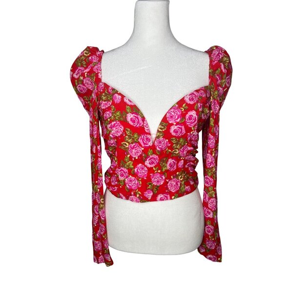 Zara Floral Long Sleeve Backless Crop Top Red Pink Size Medium - Picture 9 of 13